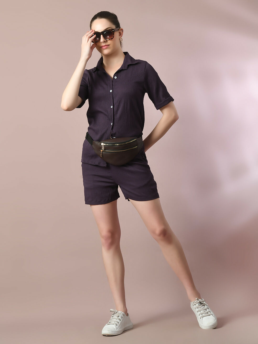 Myshka Women's Violet Solid Shirt Collar Party Shirt With Shorts Co-ord set - Swadesiicart