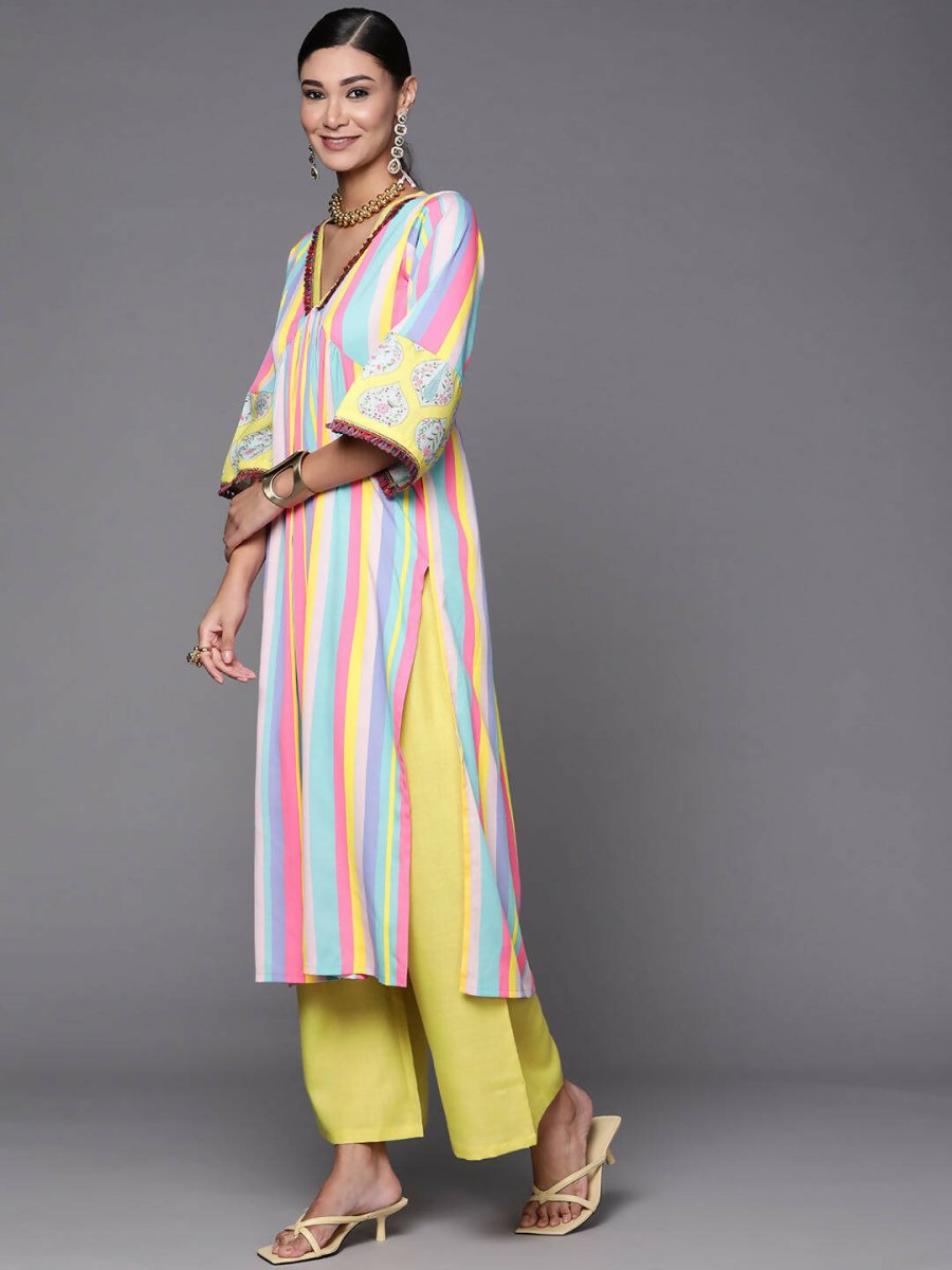 Ahalyaa Women Neon Green & Blue Candy Striped Kurta with Palazzos | Swadesiicart