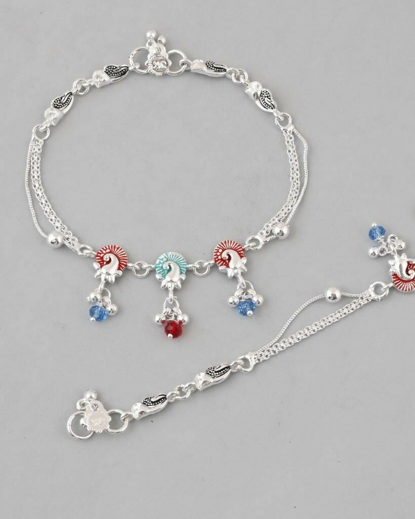 VOJ Set of 2 Silver Plated Peacock Shaped Multi Color Anklet - Swadesiicart