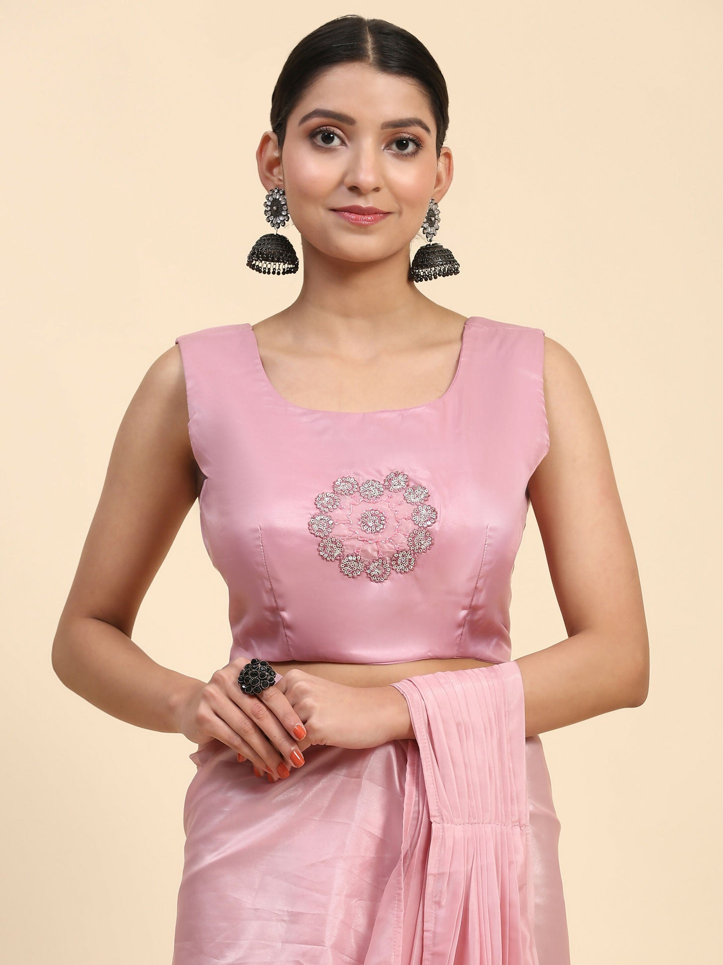 Pink Satin Solid Ready to wear Saree with stitched Blouse - Vanita | Swadesiicart