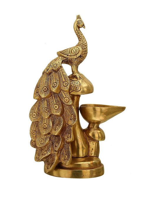Craftvatika Gold-Toned Brass Diya Oil Lamp Peacock Hanging Diya | Swadesiicart