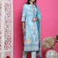 Jyoti Fashion Women's Turquoise Satin Traditional Digital Print with Crystal work Kurta with Trouser & Dupatta | Swadesiicart