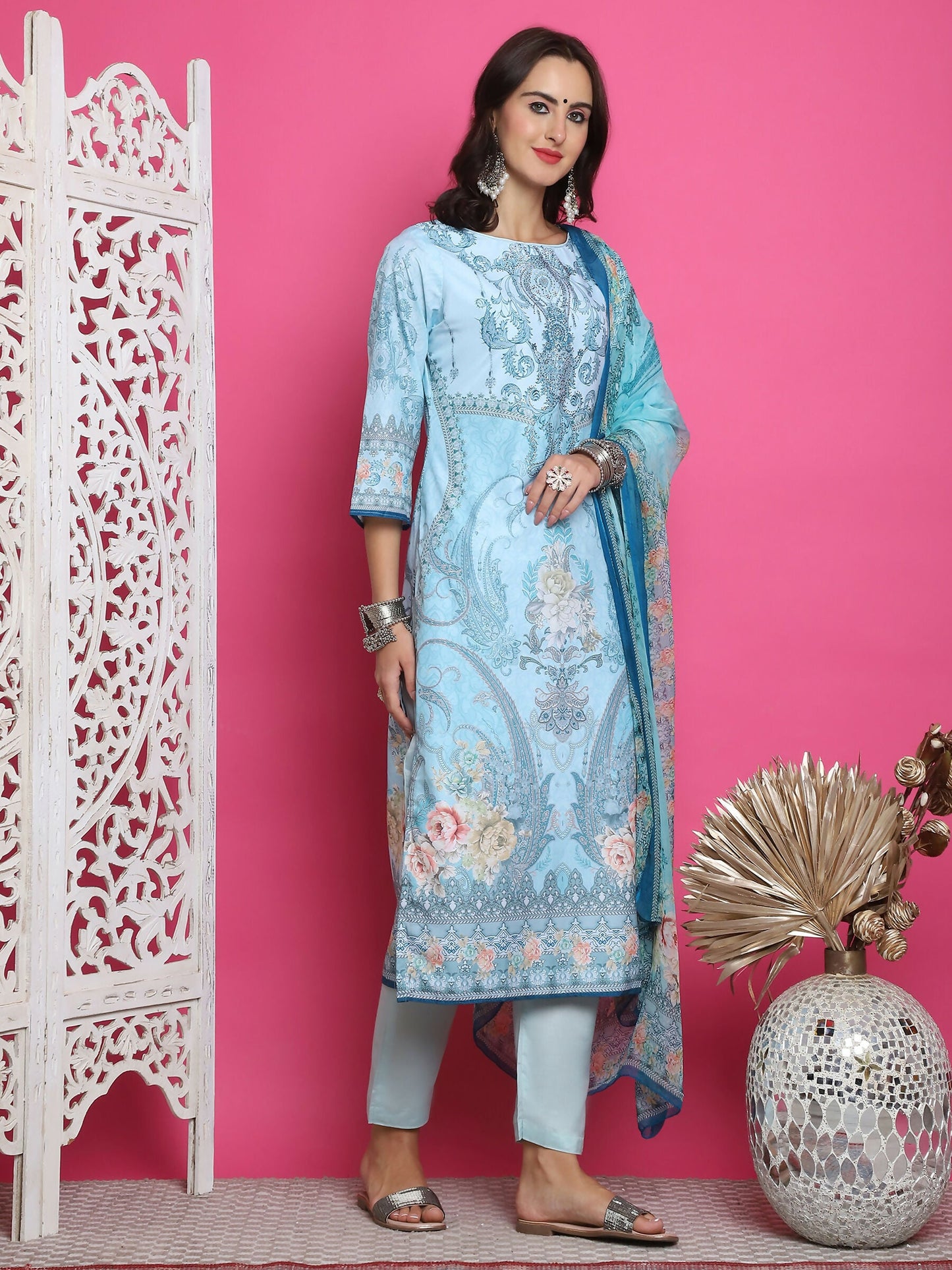 Jyoti Fashion Women's Turquoise Satin Traditional Digital Print with Crystal work Kurta with Trouser & Dupatta | Swadesiicart