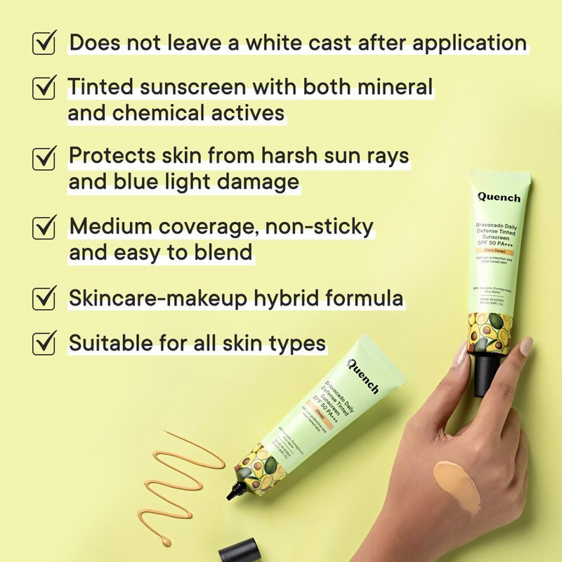 Quench Vitamin E Tinted SPF 50 Sunscreen PA+++ with both Mineral & Chemical Actives (Deep) | Swadesiicart