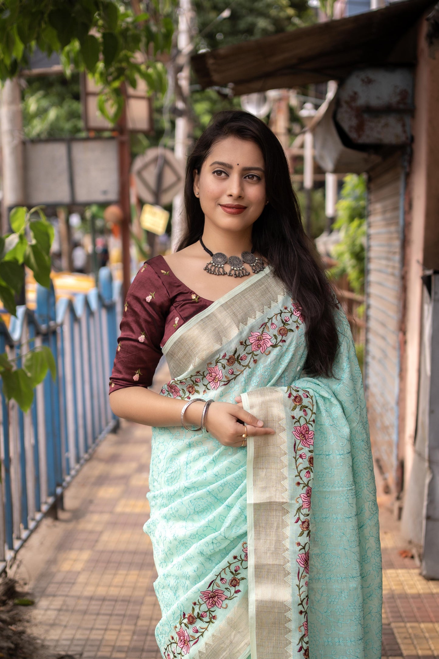 Blue Pure Linen Woven Design Saree with Unstitched Blouse - A2M