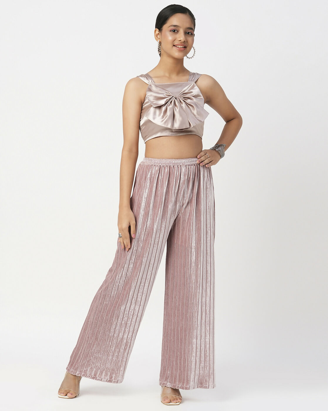 Lil Drama Glam Up Girls Grey Pant With Satin Top Party Co-Ordinate Set - Swadesiicart