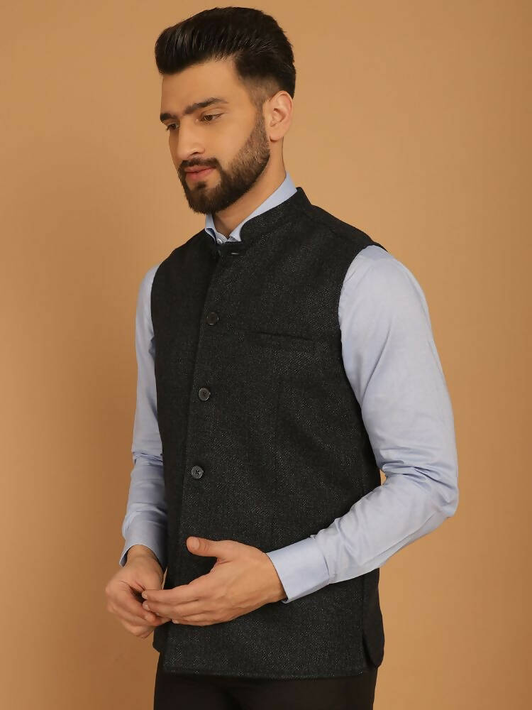 Even Apparels Pure Wool Nehru Jacket - Blue | Swadesiicart