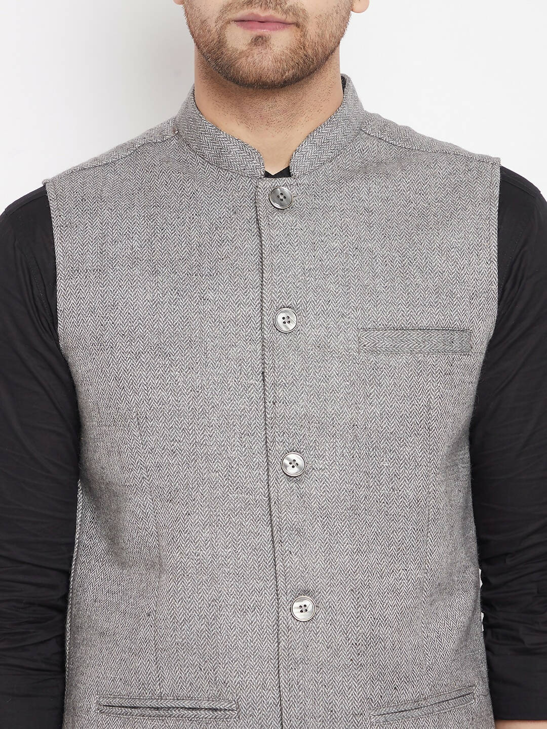 Even Apparels Grey Wool Men Woven Nehru Jacket WL730 | Swadesiicart