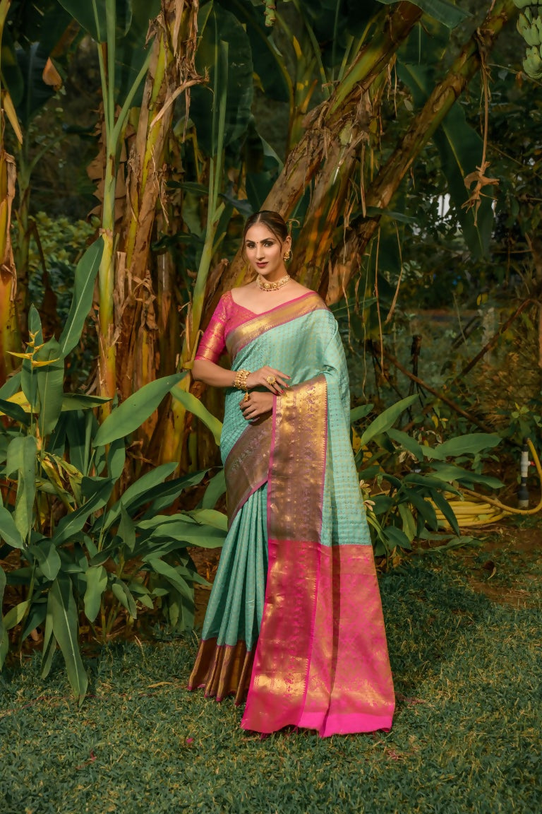 Jyoti Fashion Women's Sky Blue Kanjivaram Silk Zari Woven Saree with Blouse | Swadesiicart