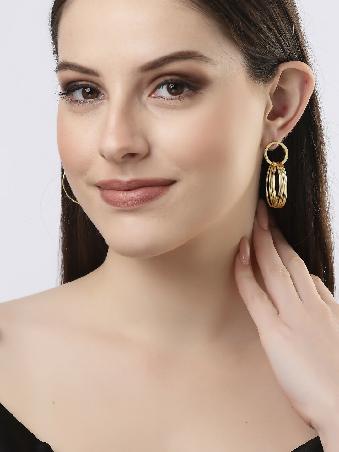 NVR Women Golden Linked Round Circle Attached Drop Earrings - Swadesiicart
