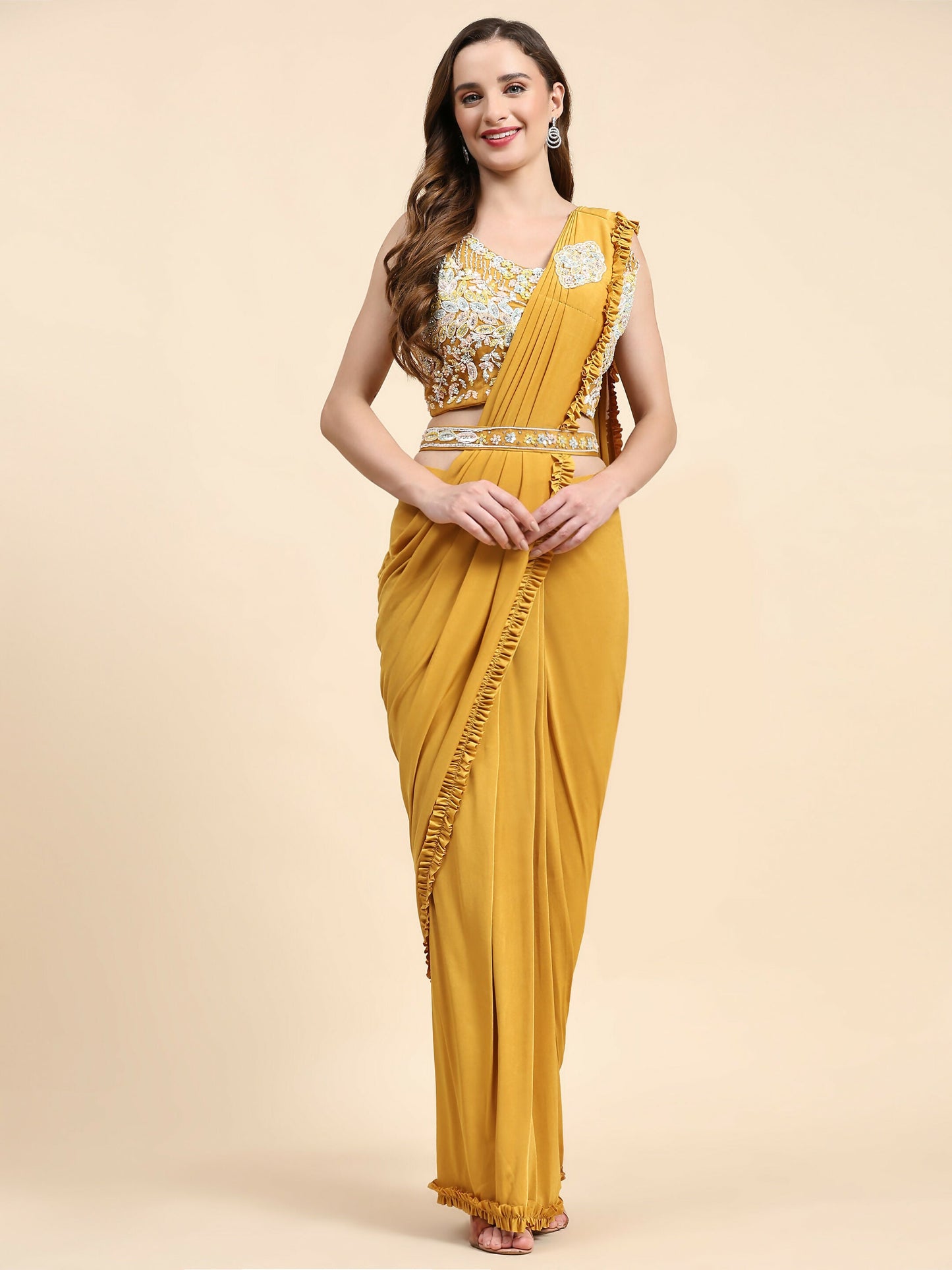 Yellow Lycra Solid Ready to wear Saree with stitched Blouse - Vanita | Swadesiicart