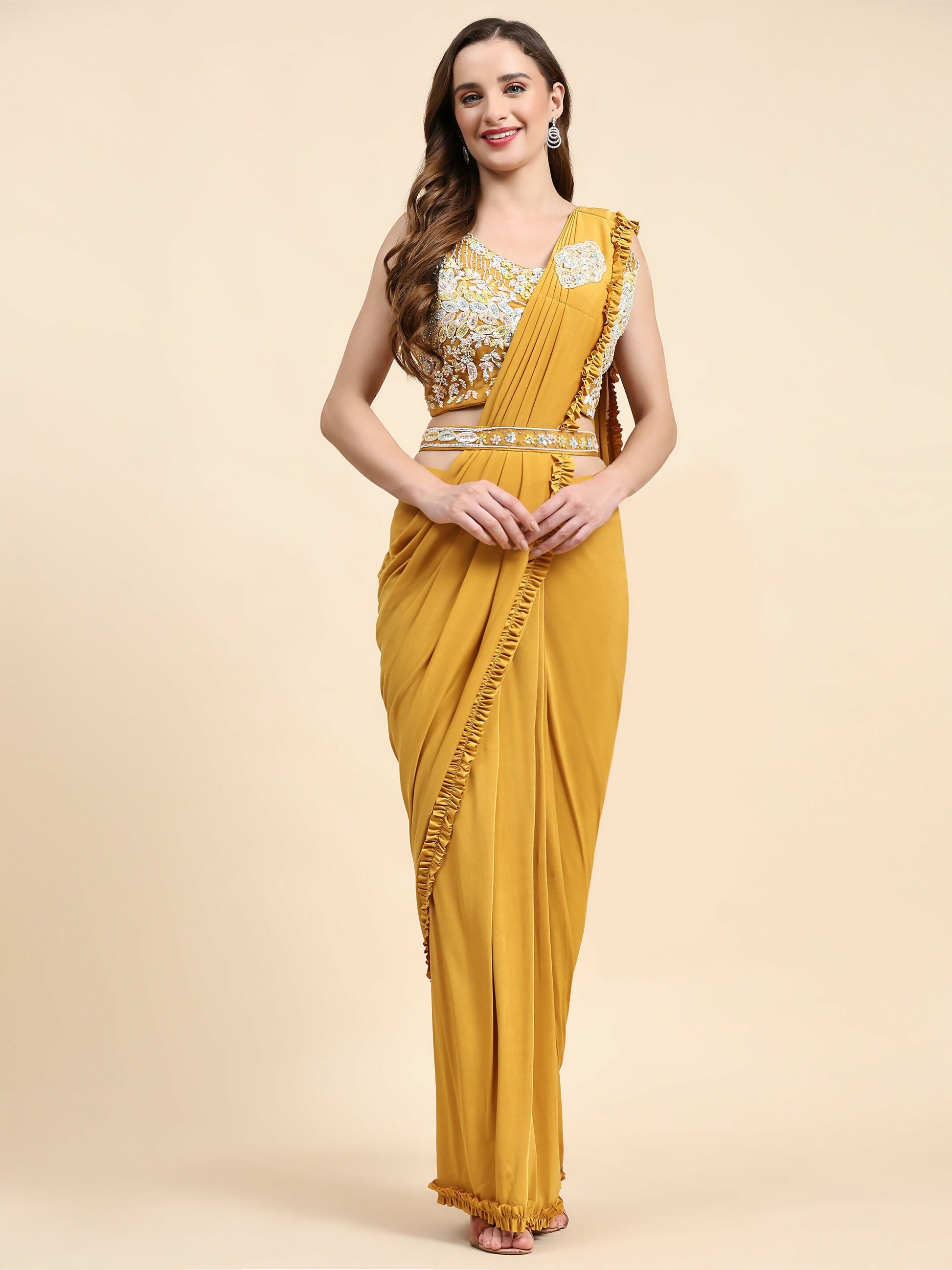 Yellow Lycra Solid Ready to wear Saree with stitched Blouse - Vanita | Swadesiicart