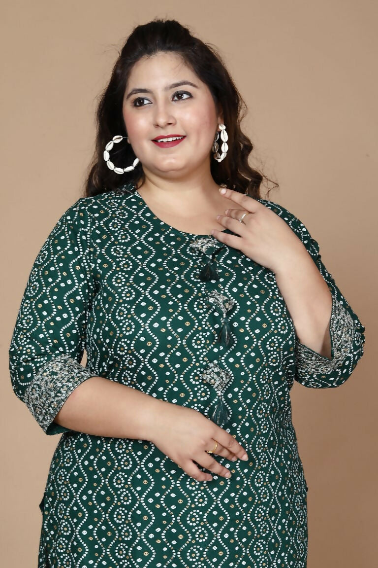 Miravan Women's Plus Size Rayon Bandhani Print Straight Kurta Green - Swadesiicart