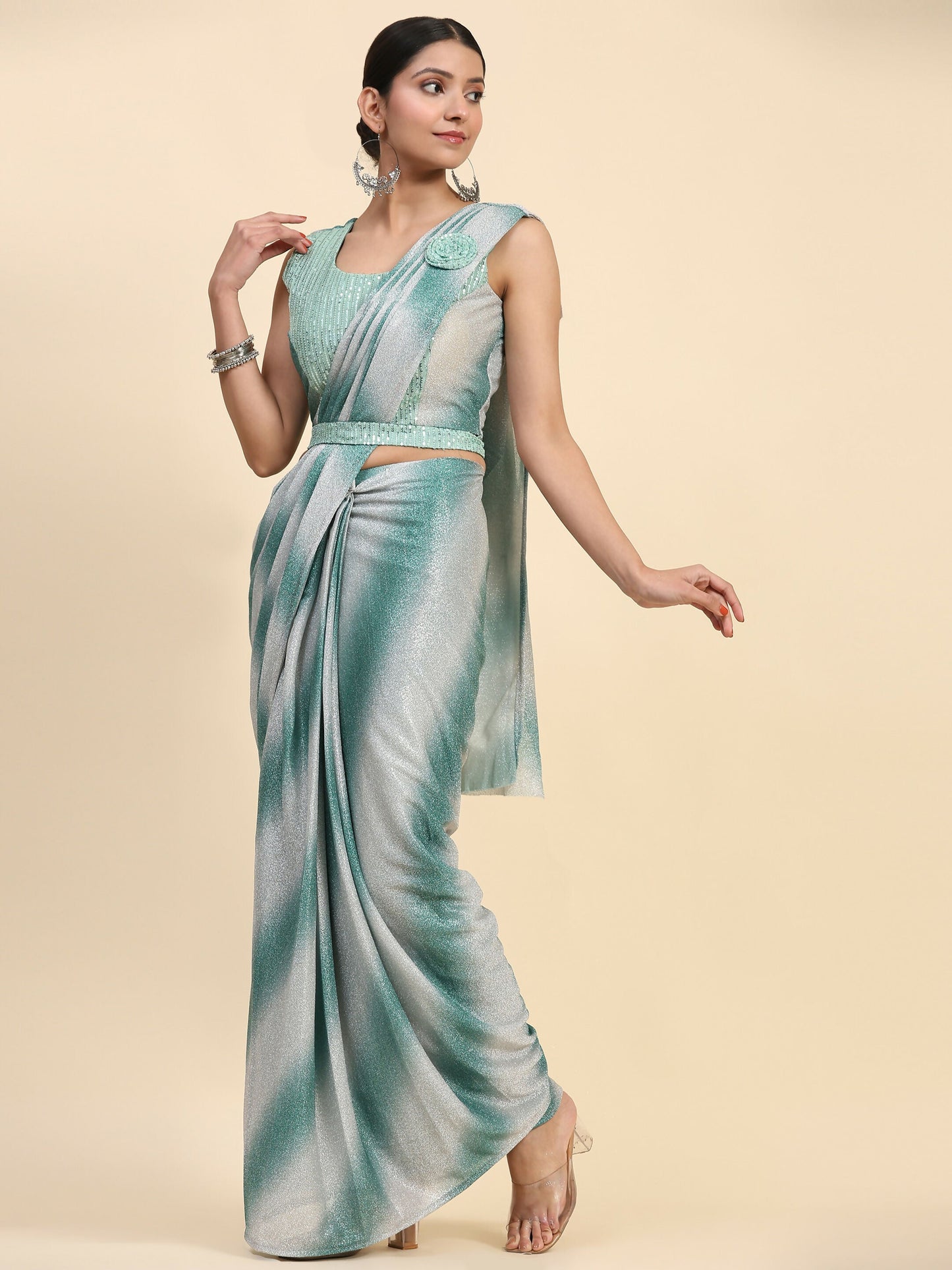 Sea Green Polyester Solid Ready to Wear Saree with stitched Blouse - Aayan | Swadesiicart