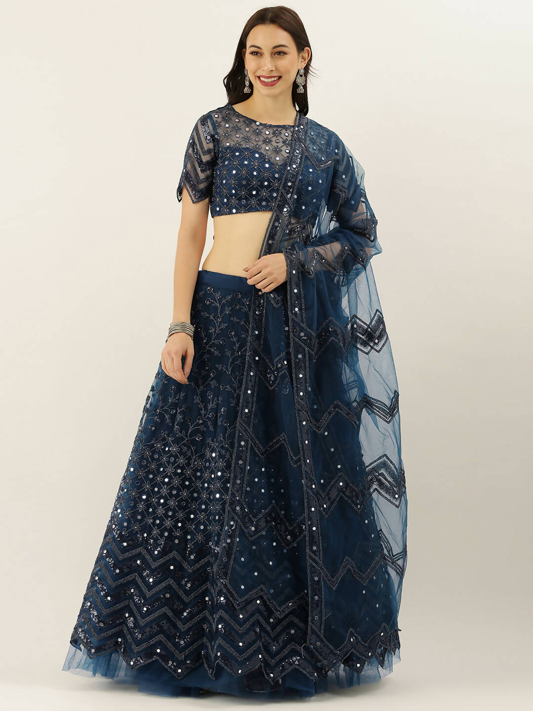 House of Panchhi Navy Blue Net Semi Stitched Coding, Sequins and Mirror work Lehenga Choli | Swadesiicart
