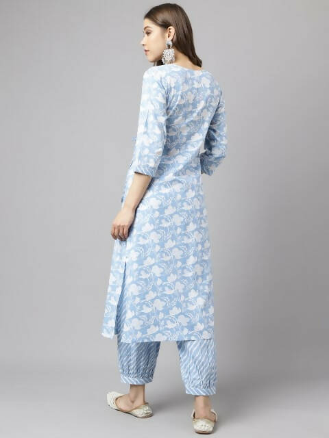 FIORRA Women's Blue Cotton A-Line Kurta Set - Swadesiicart