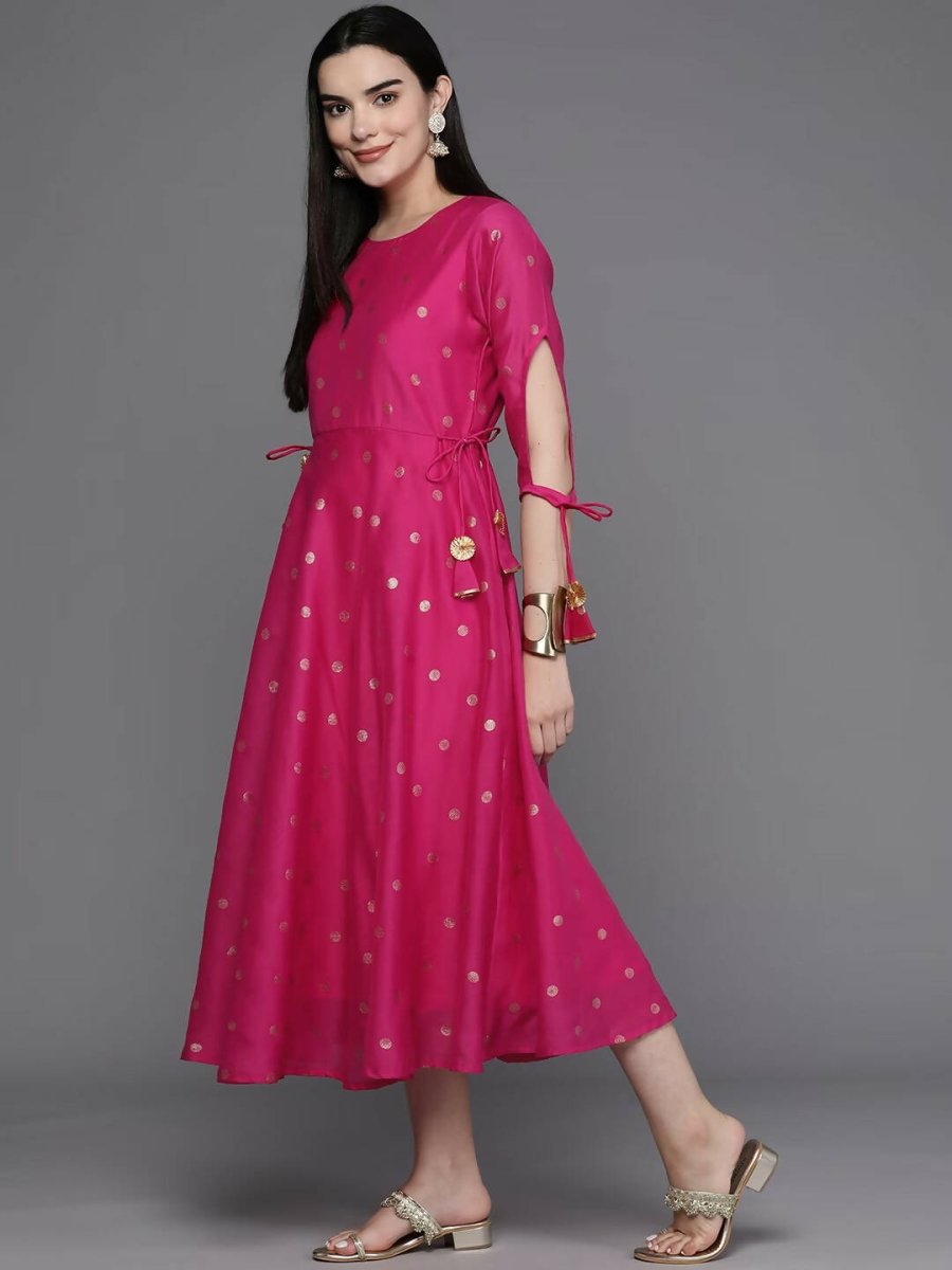 Ahalyaa Women Foil Printed A-Line Midi Ethnic Dress - Pink Color | Swadesiicart