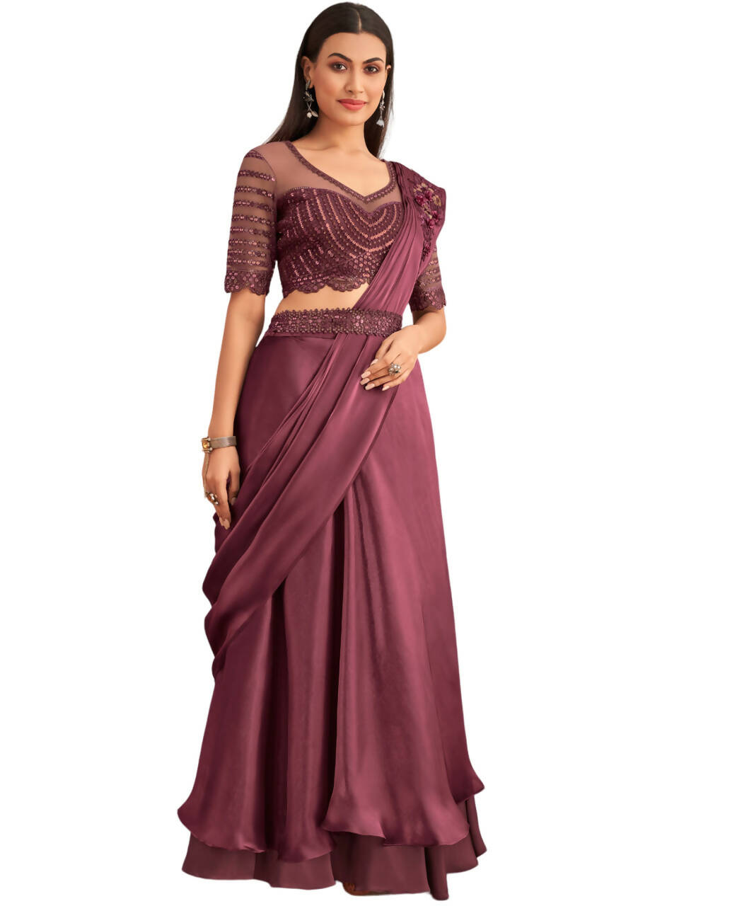 Wine Satin Embroidered Ready To Wear Saree With Unstitched Blouse Piece - Nandika | Swadesiicart