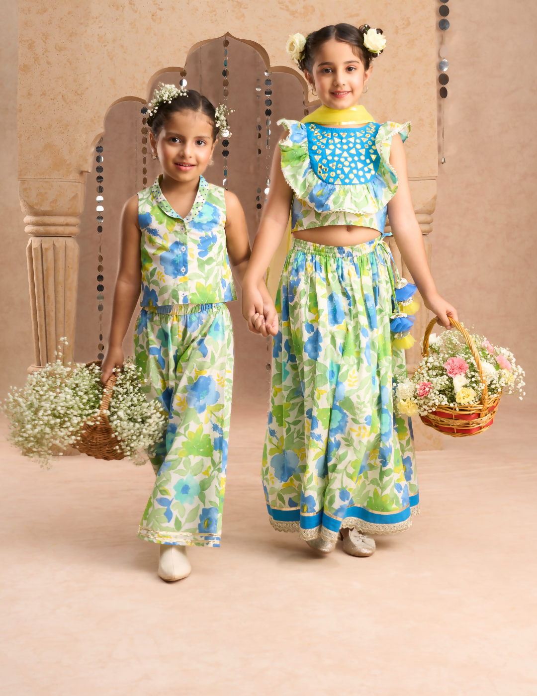 Lil Drama Jaipur Print Stylish Top with Pant Co-ordinate Set for Girls - Green - Swadesiicart