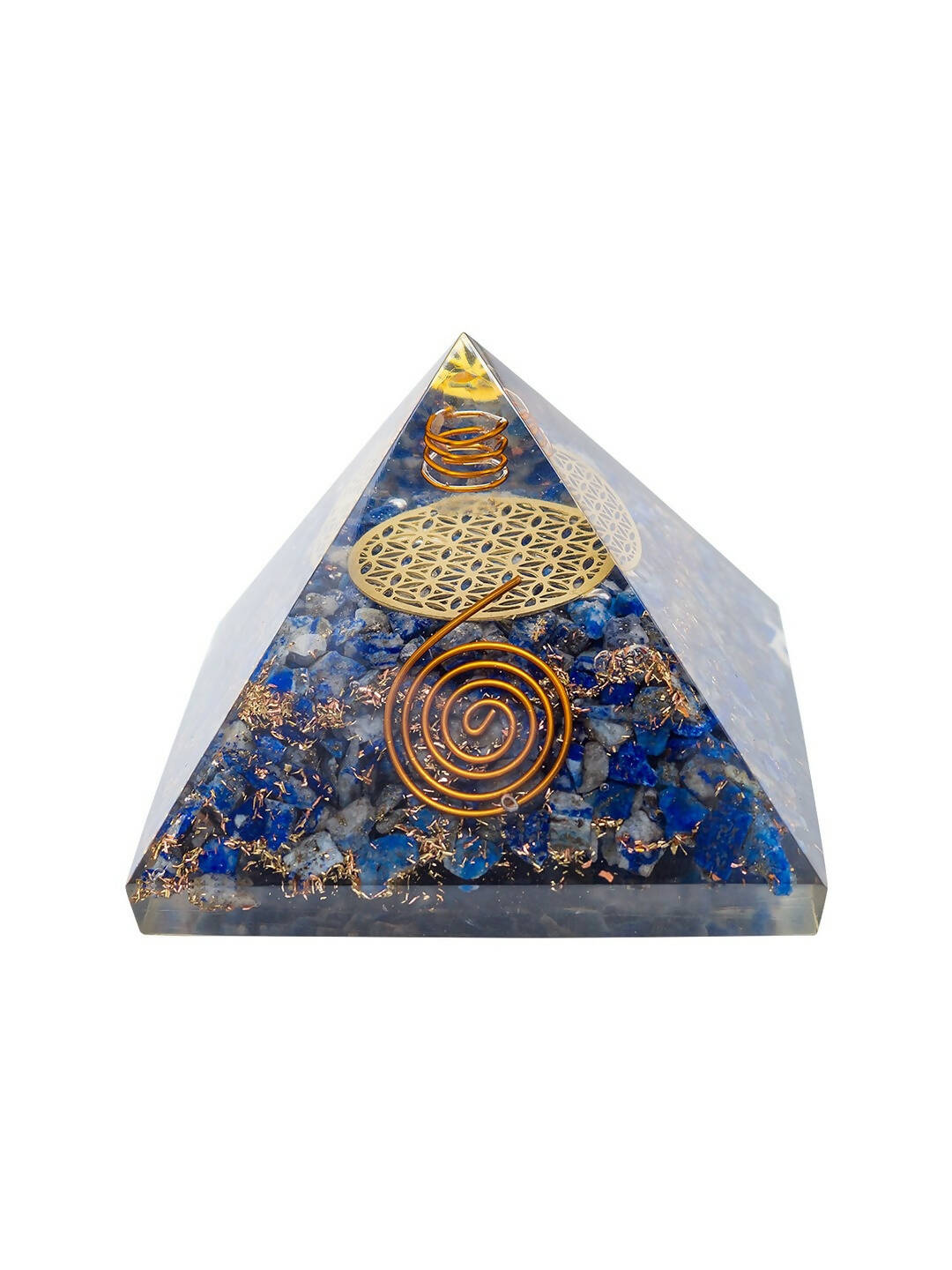 Golden Peacock Blue & Gold-Toned Lapis Lazuli Orgone Stone Pyramid Prism Paperweight | Swadesiicart