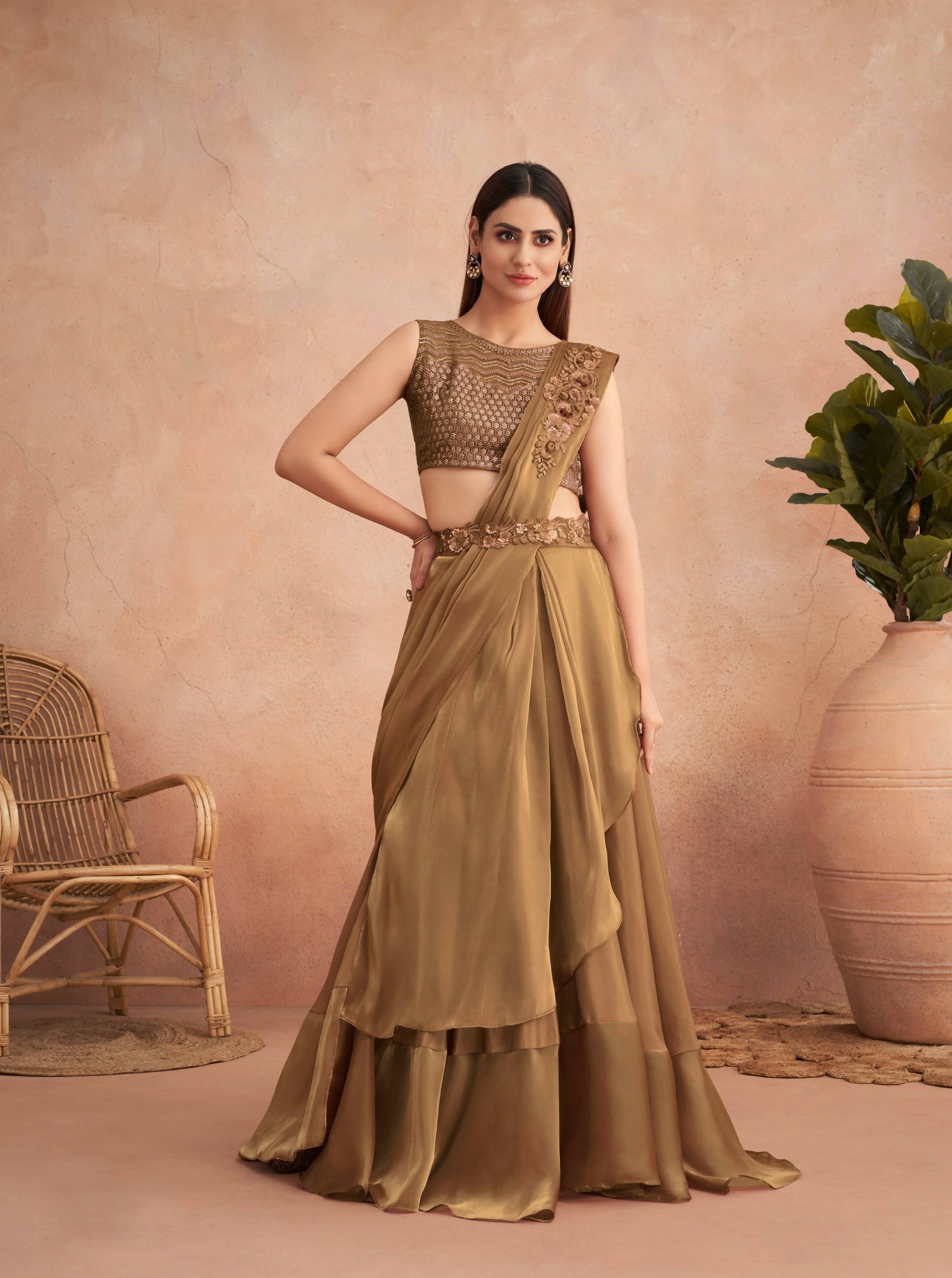 Beige Satin Embroidered Ready To Wear Saree With Unstitched Blouse Piece - Nandika | Swadesiicart