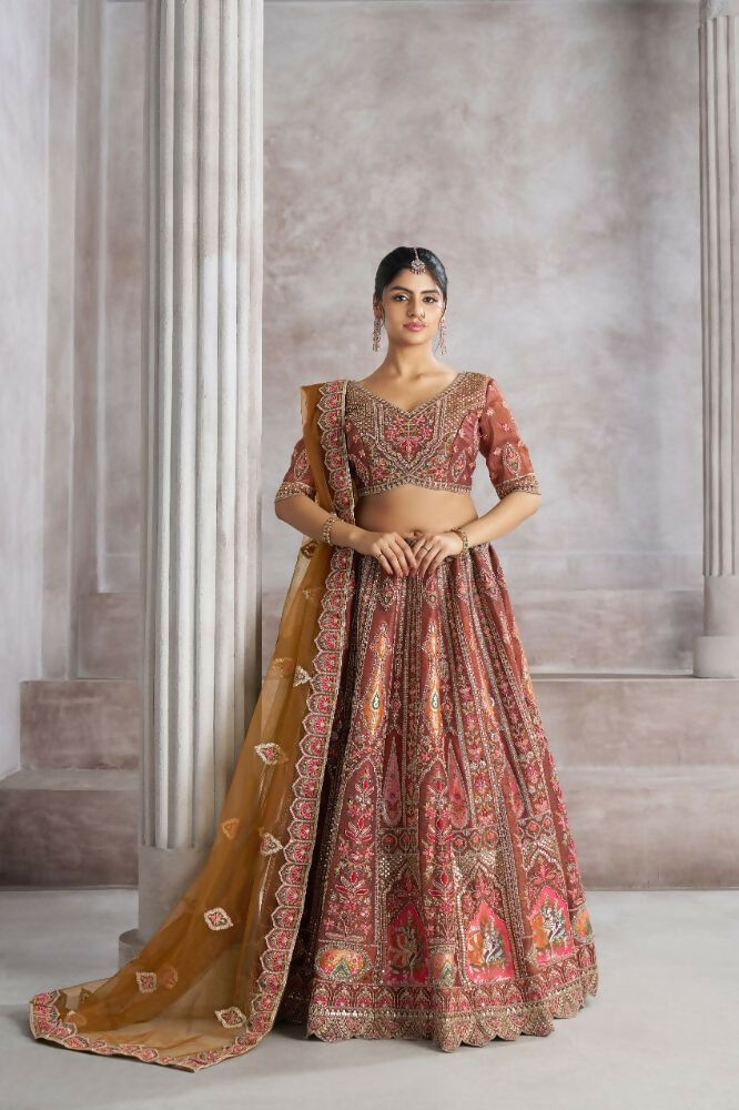 Kesar Fab Brown Banarasi Silk Hand_Woven Lehenga | Swadesiicart