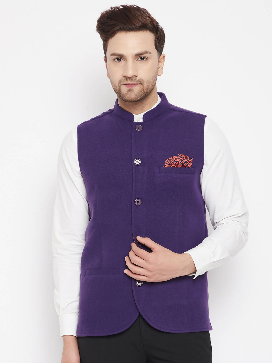 Even Apparels Purple Wool Men's Nehru Jacket-Contrast Lining-Inbuilt Pocket Square | Swadesiicart