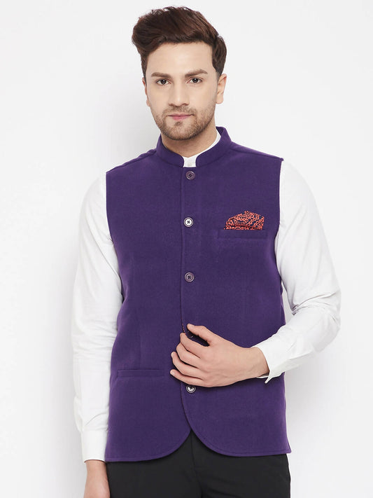 Even Apparels Purple Wool Men's Nehru Jacket-Contrast Lining-Inbuilt Pocket Square | Swadesiicart