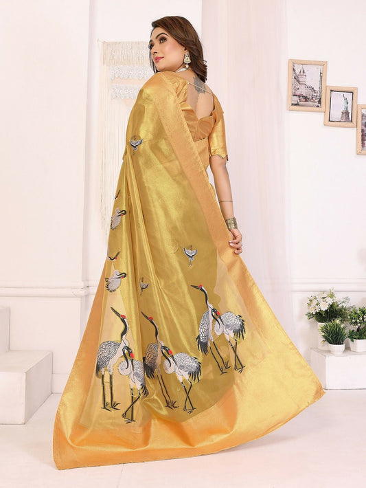 Joban Fashion Golden Cranes Patterns Banarasi Silk Sarees | Swadesiicart