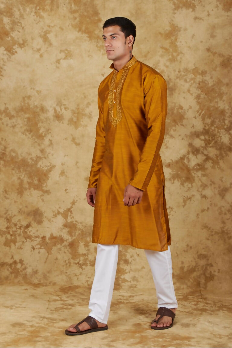 Bluesaanchi Men's Handloom Embroidered Bronze Kurta Set | Swadesiicart