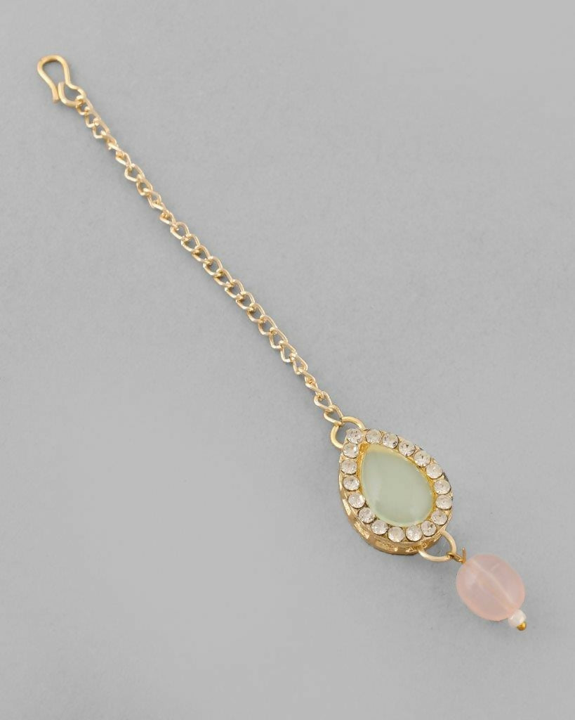 VOJ Gold-Polished Nude Pink And Mint Green Stone Studded Jewellery Set With Maang Tikka - Swadesiicart