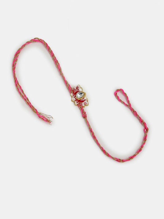 NVR Women & Men Set of 2 Pink Lotus Shape Kundan-Studded & Beaded Handcrafted Wraparound Rakhi Set With Roli Chawal | Swadesiicart