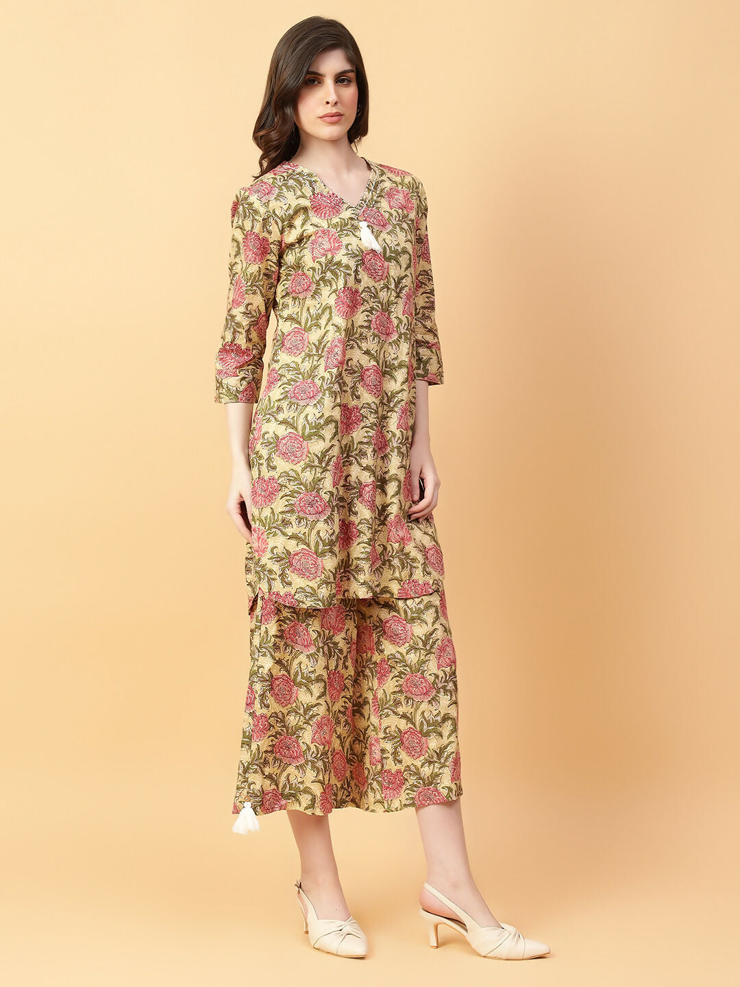 Joban Fashion Beige Cotton Printed & Hand Work Co-ord Set - Swadesiicart
