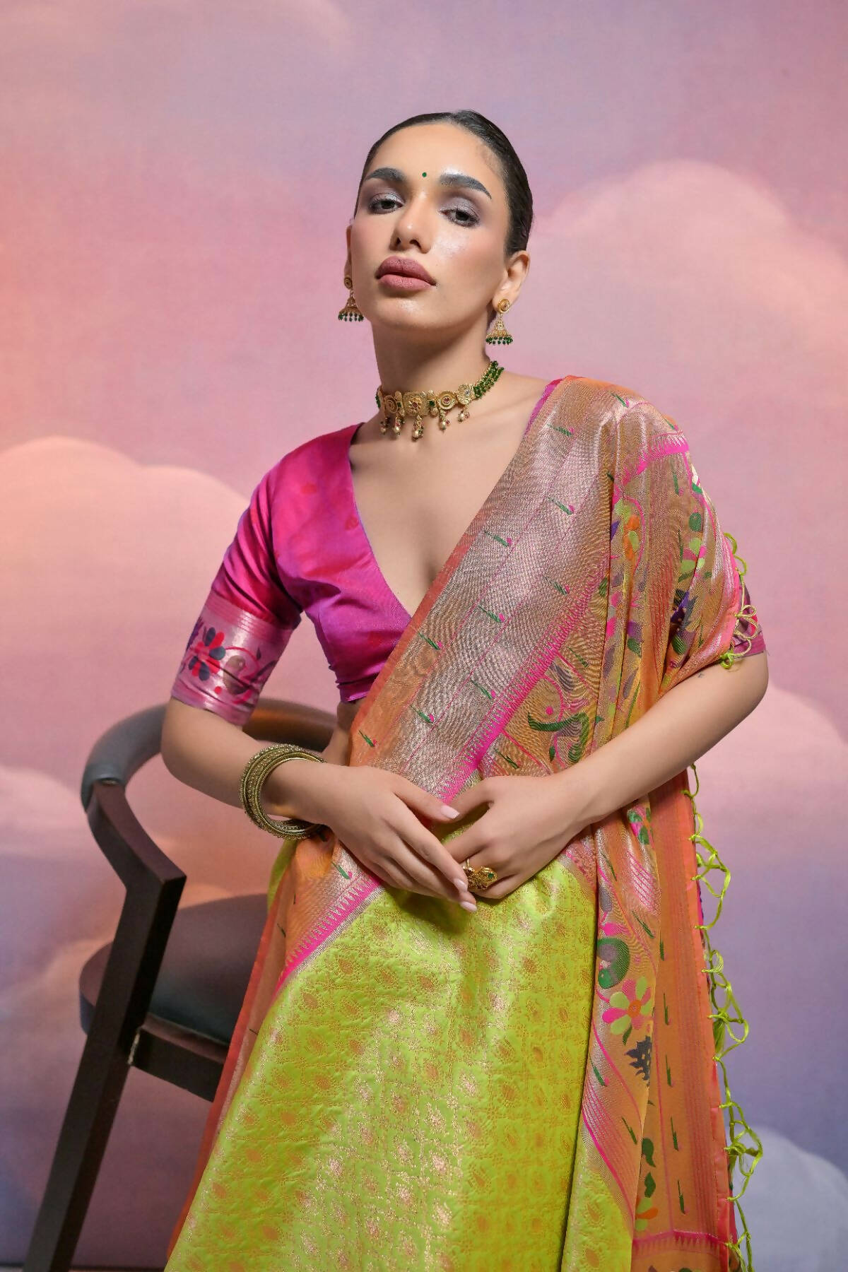 Vishnu Weaves Women's Mahendi Paithani Silk Zari Woven Saree with Blouse - Swadesiicart