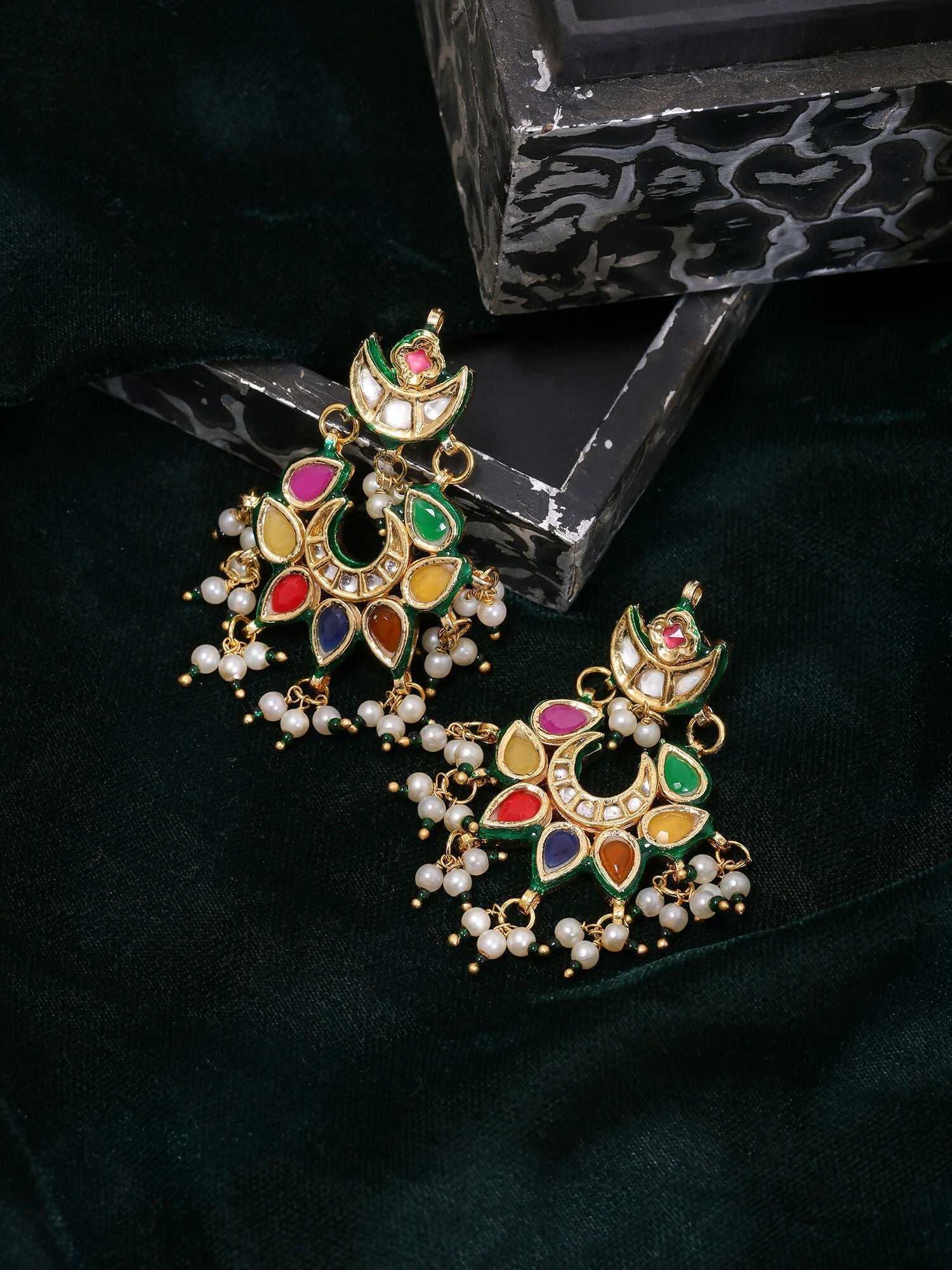 Ruby Raang Gold Polished Multi-Color Navratan Kundan Earrings | Swadesiicart