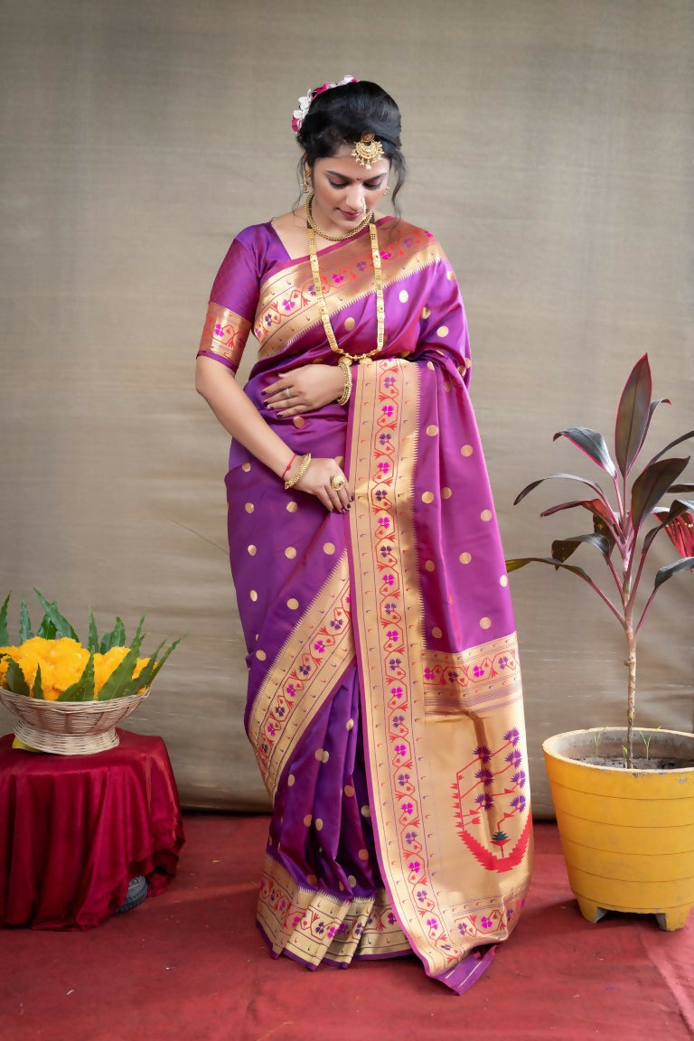 Jyoti Fashion Women's Purple Paithani Silk Zari Woven Saree with Blouse | Swadesiicart