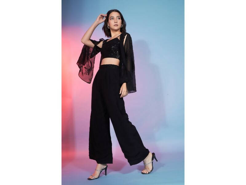 Black Georgette Sequence With Thread Designer Co-Ord Set - Flory - Swadesiicart