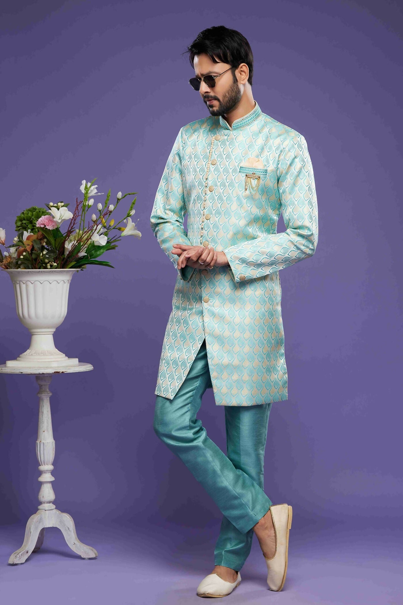 Raivat Ethnic Banarasi Jacquard Embroidery Semi Indo Western Sherwani In Sky Blue Colour | Swadesiicart