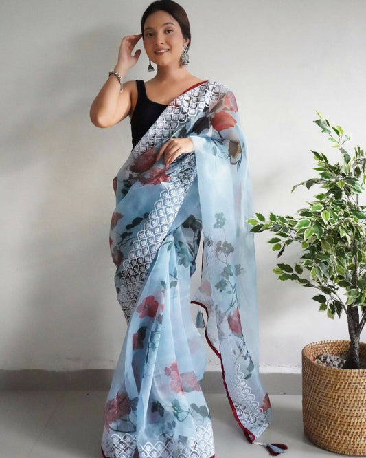 Vamsee Sky Organza Saree - Swadesiicart