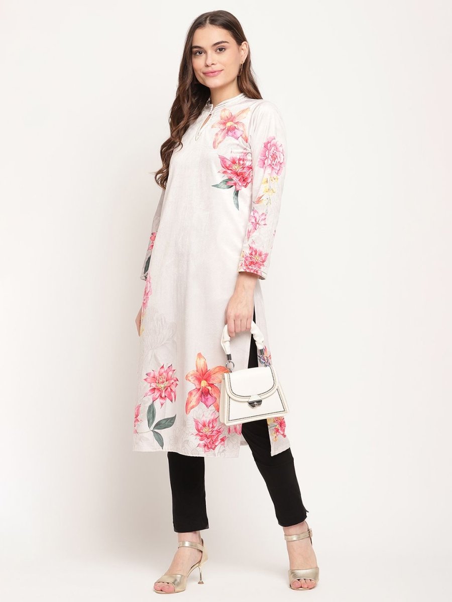 Ahalyaa Women Beige Velvet Digital Print Kurta | Swadesiicart