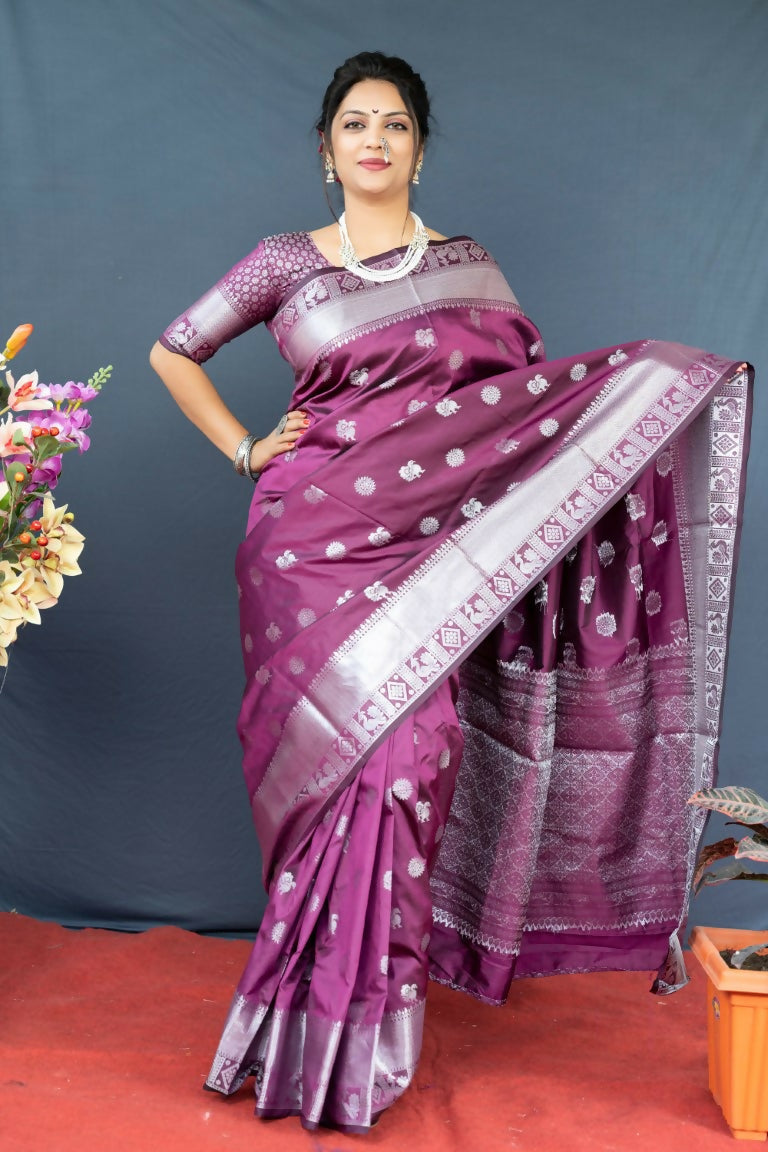 Jyoti Fashion Women's Wine Soft Banarasi Silk Zari Woven Saree with Blouse | Swadesiicart