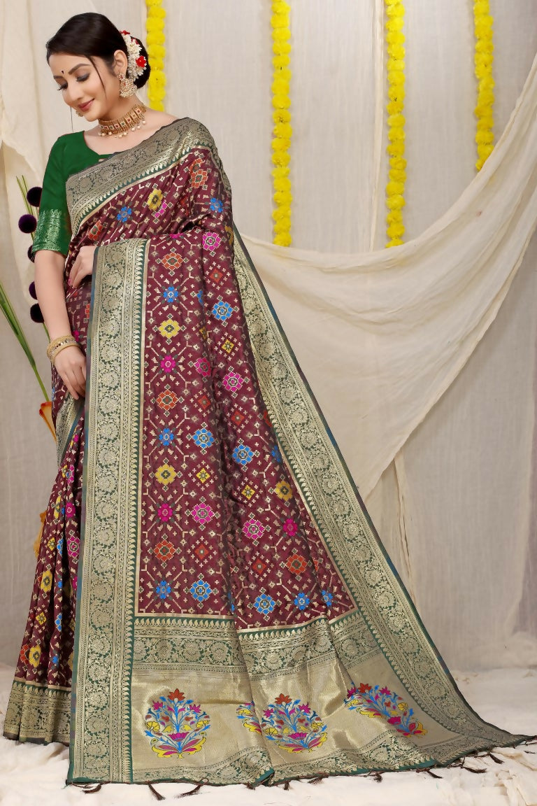 Jyoti Fashion Women's Wine Patola Silk Zari Woven Saree with Blouse | Swadesiicart