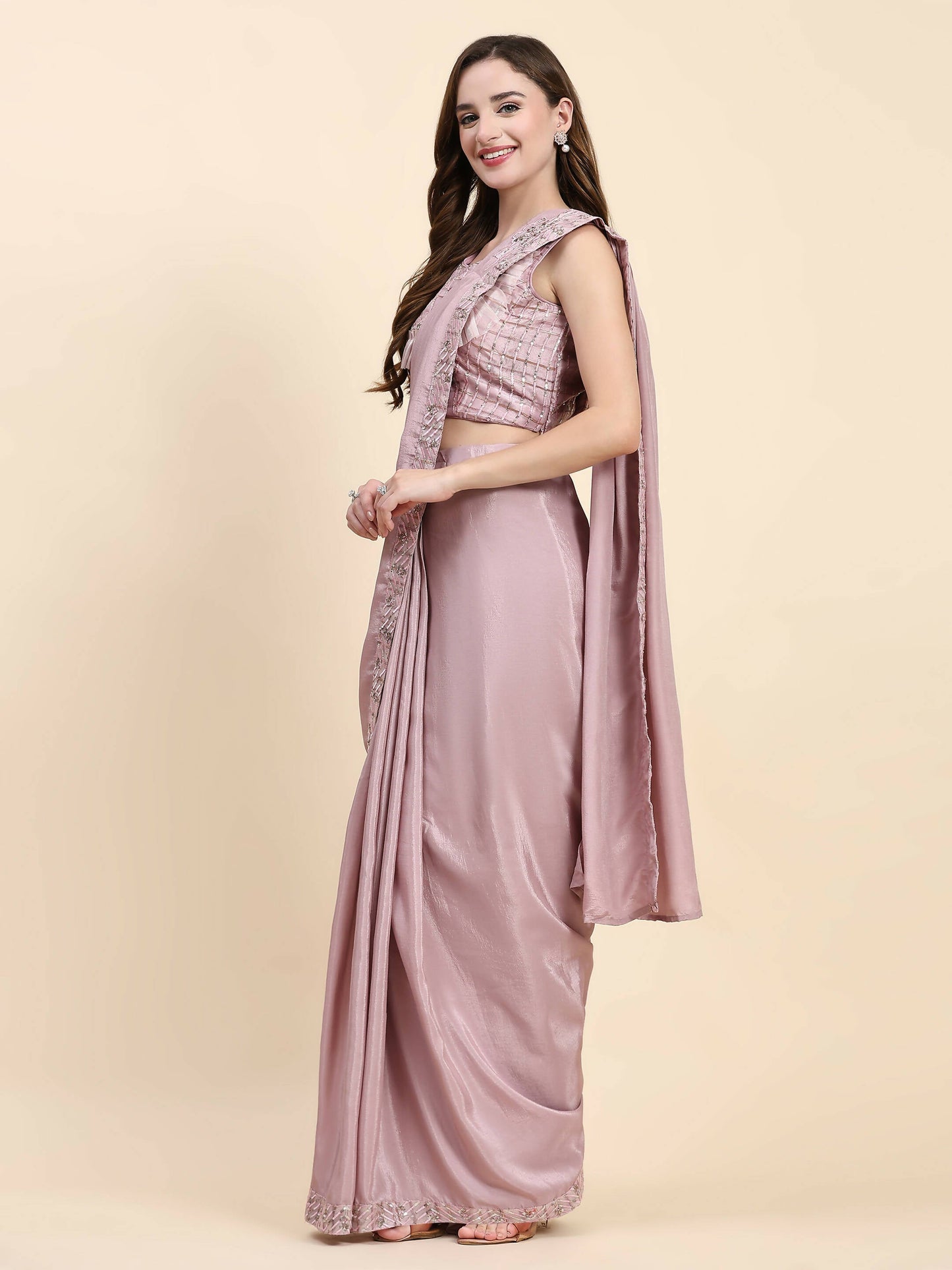 Pink Silk Satin Solid Ready to wear Saree with stitched Blouse - Satiksha | Swadesiicart
