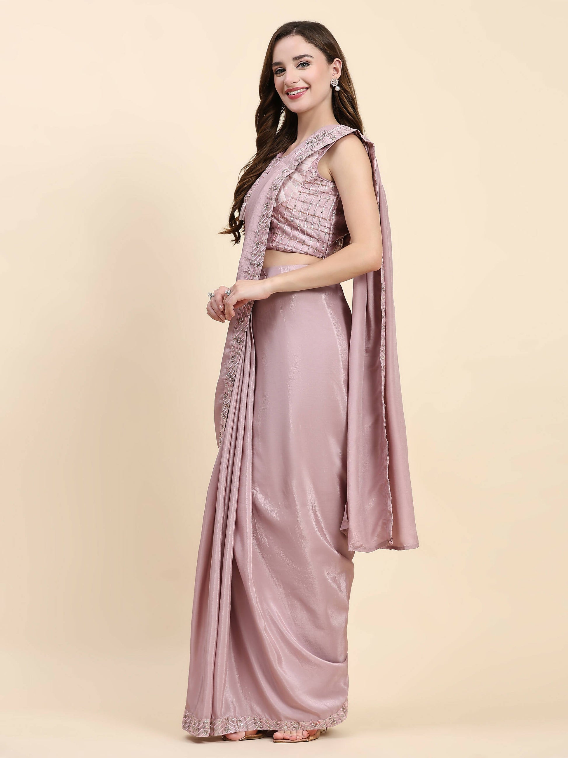 Pink Silk Satin Solid Ready to wear Saree with stitched Blouse - Satiksha | Swadesiicart