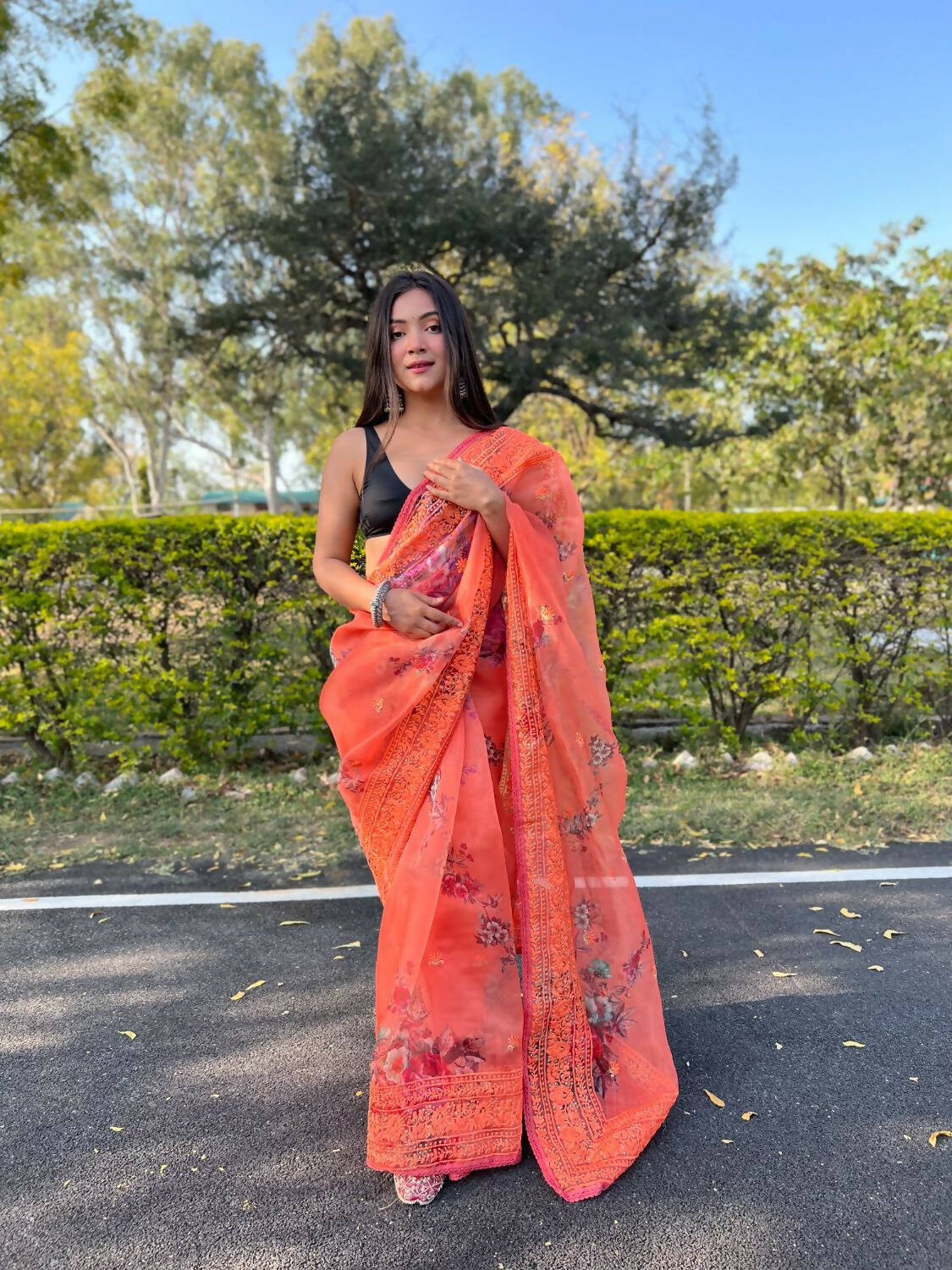 Vamsee Orange Organza Saree - Swadesiicart