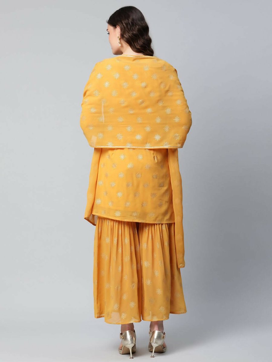 Ahalyaa Womens Mustard Georgette Gold Foil Printed Kurta Sharara Set With Dupatta | Swadesiicart