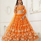 Aastha Fashion Orange Butterfly Net White Cotton Thread Work And Sequence Work Embroidery Wedding Wear Lehenga Choli