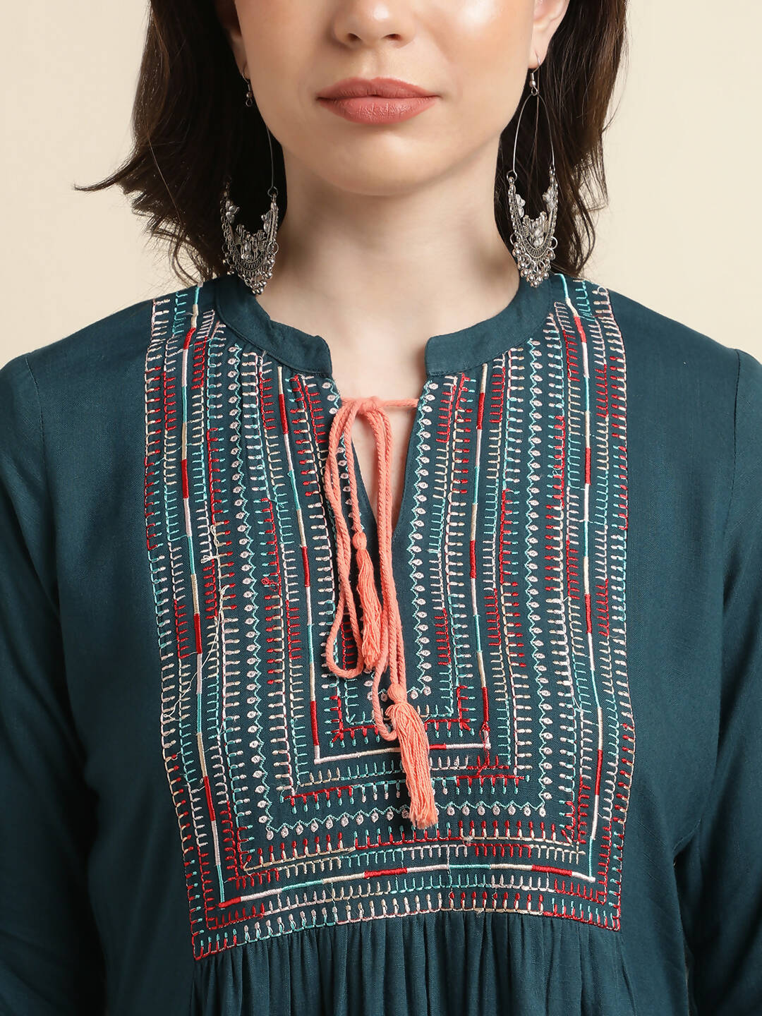 Teal Rayon Yoke Embroidered A-line Top - Tarini - Swadesiicart