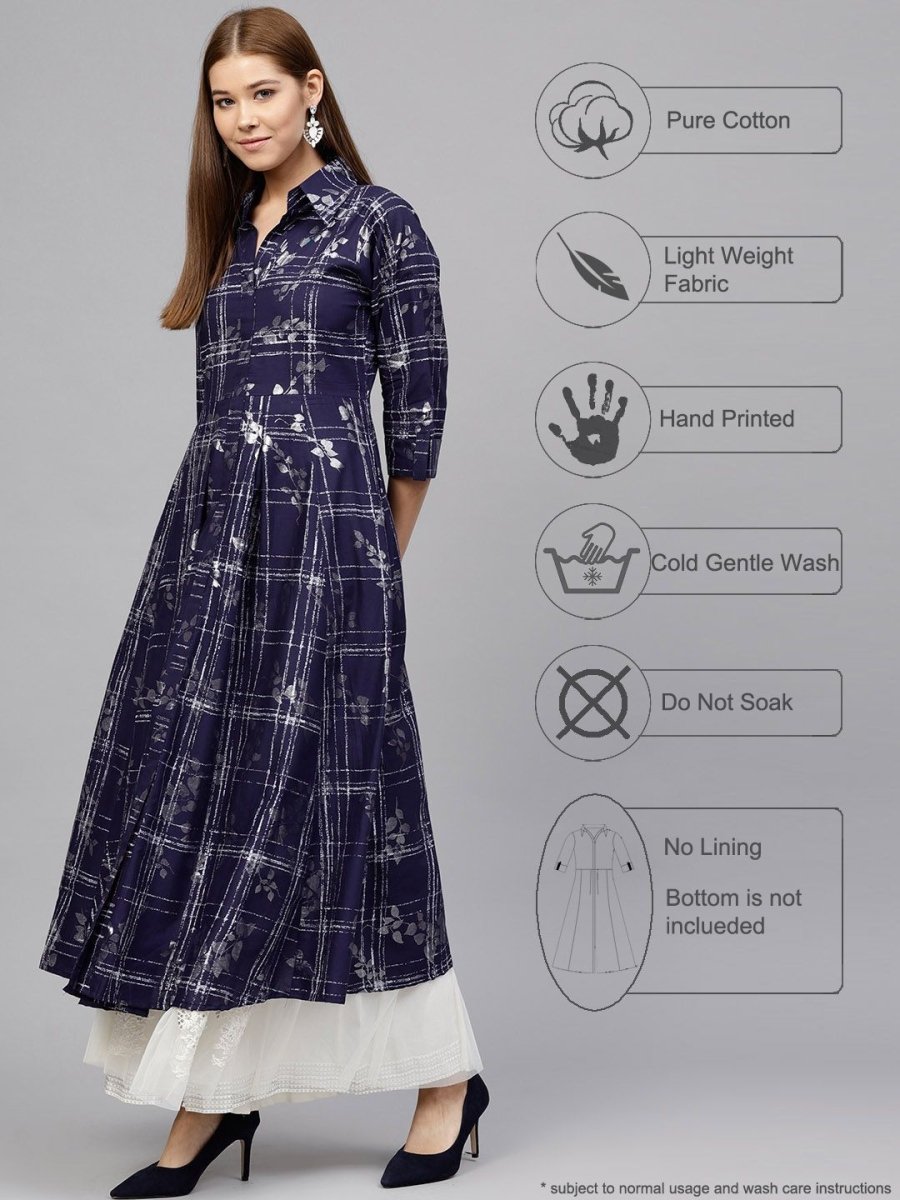 Ahalyaa Women's Navy Blue Cotton Printed Kurta | Swadesiicart