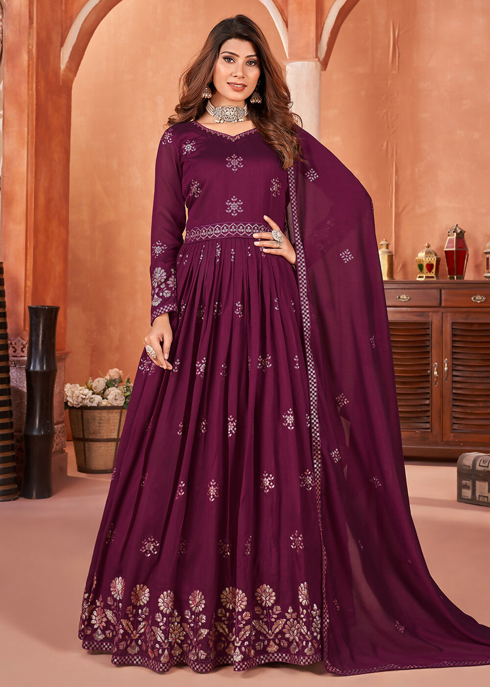 Wine Purple Festive Embroidered Art Silk Anarkali Suit - Emponline | Swadesiicart